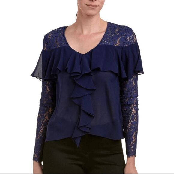 Nicole Miller Artelier Navy Blue Silk Ruffle Lace Blouse US Petite - Picture 1 of 5